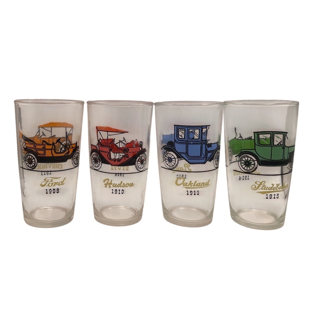 Vtg Hazel Atlas Old Timers Antique Car Glasses Set 4 Mid Century Barware 12oz